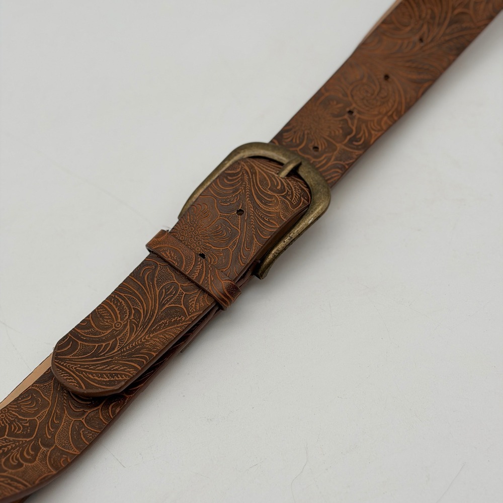 Brown Tooled Floral Embossed Western Belt Antique Brass Buckle 46 Inch Boho